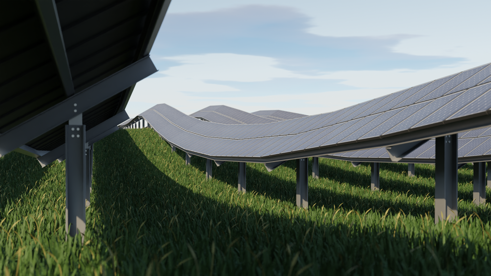 Render of a large ground-mount solar field during the day